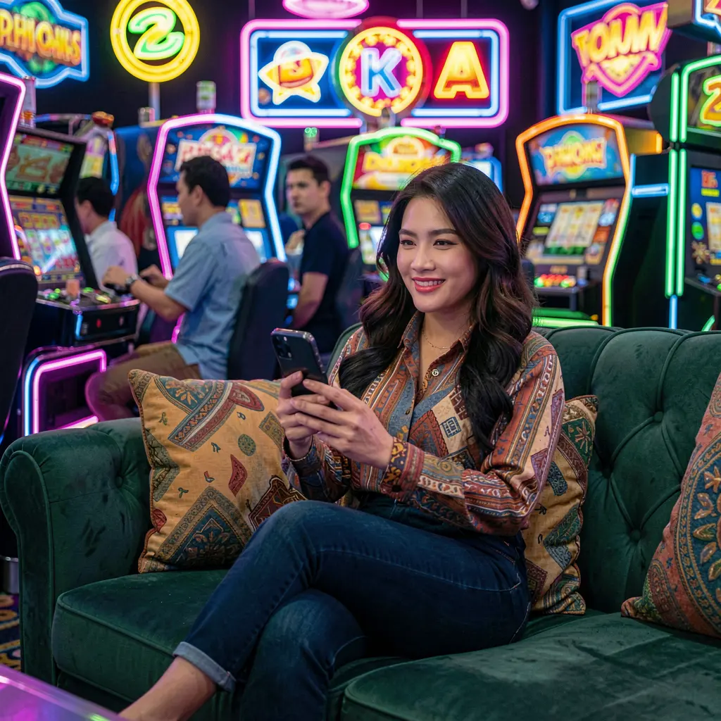 Stylish Filipino woman enjoying the ANGSAYA casino app on her phone with colorful neon slot symbols glowing behind her