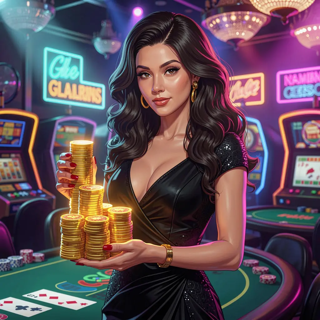 Confident casino player holding stacked poker chips in a neon lit gaming environment representing the premium online casino experience at ANGSAYA for players in the Philippines