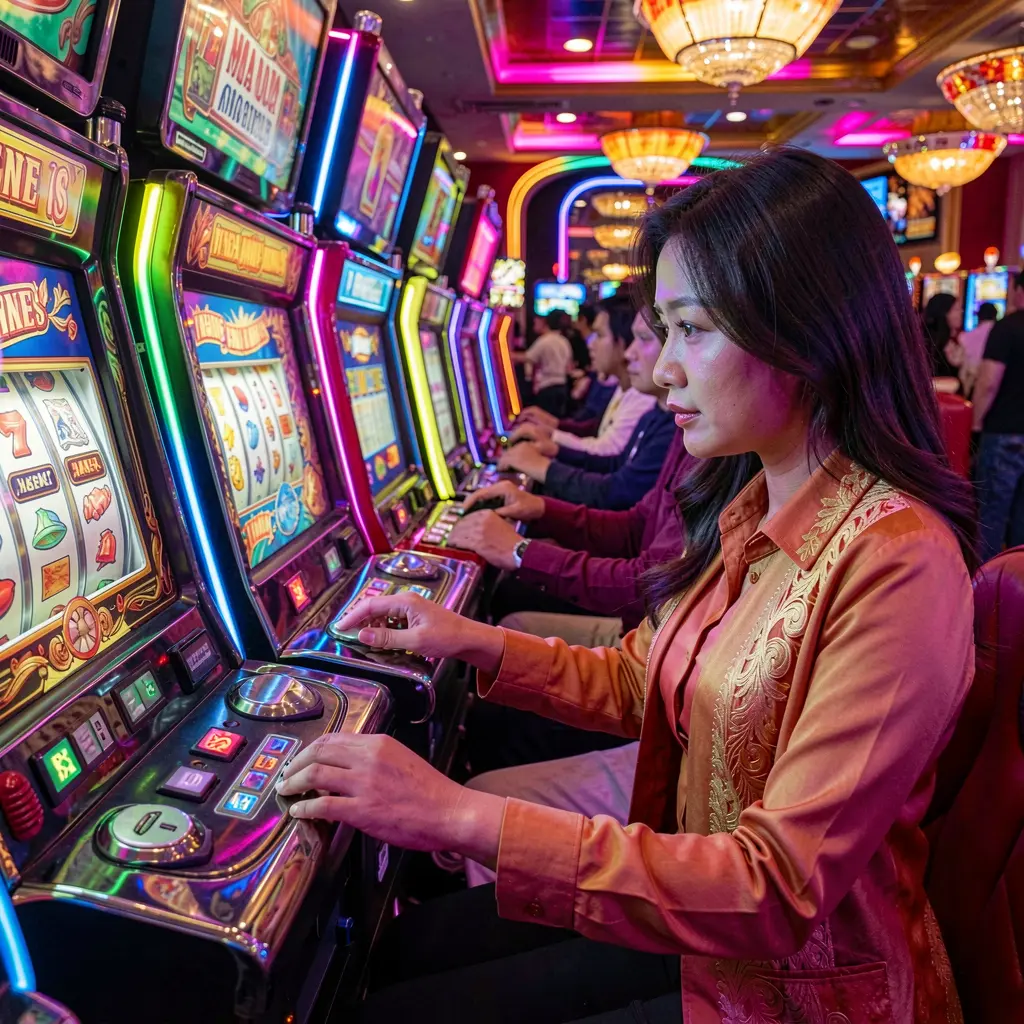 Focused Filipino player enjoying premium slot machines in a vibrant casino atmosphere at ANGSAYA with colorful lights and an immersive gaming experience